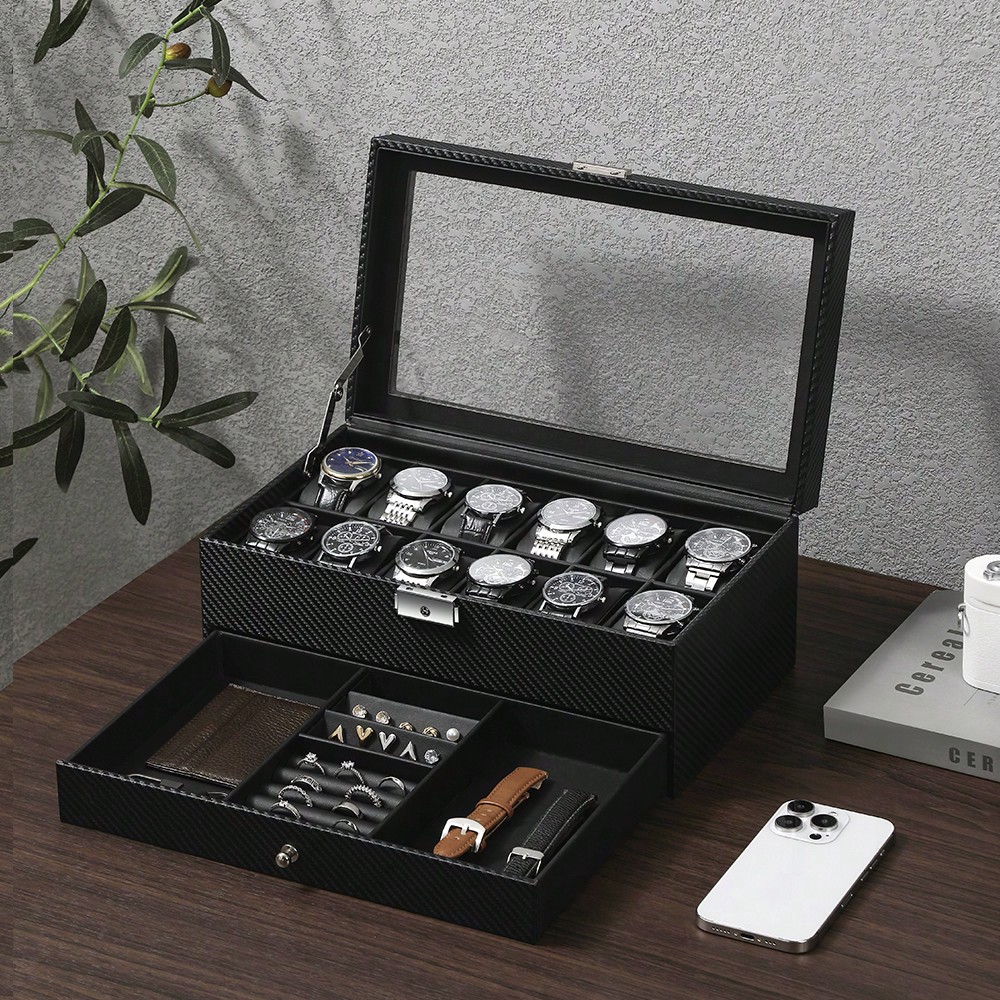 Luxury Watch Tier - 12슬롯 가죽 시계 보관함, 유리 상판