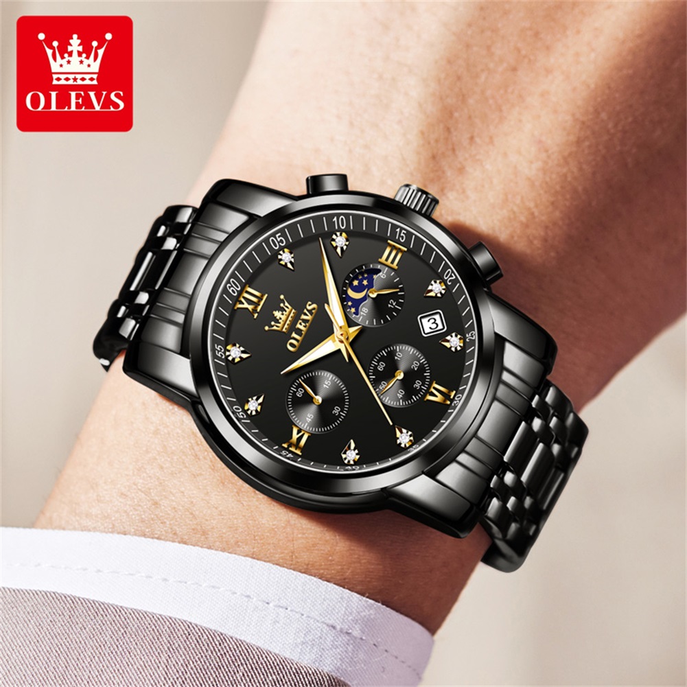 OLEVS 인기 남성용 시계 스테인레스 스틸 블랙 문  - Luxury Watch For Sale 리뷰 및 가격