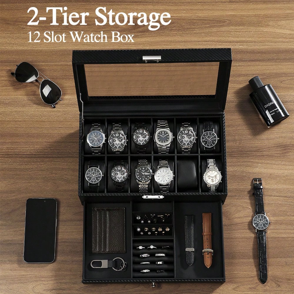 12슬롯 가죽 시계 보관함, 유리 상판 및 서랍 포함, - Luxury Watch Tier 리뷰 및 가격